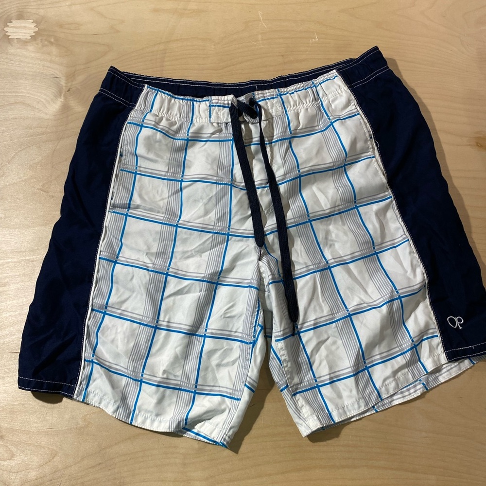 OP Blue and White Plaid Swim Shorts Large (36-38) (LU)